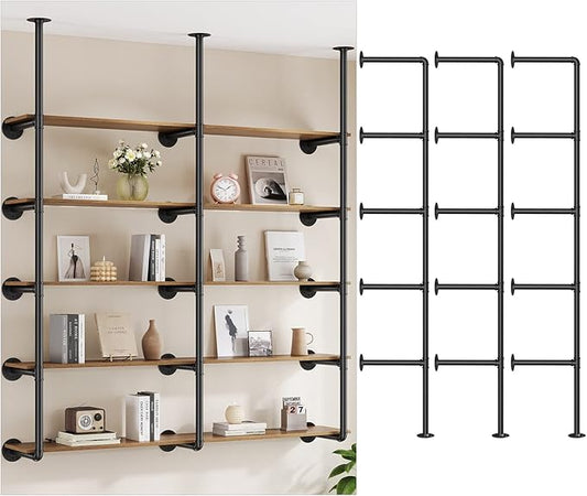 Pynsseu Industrial Iron Pipe Shelf Wall Mount, Farmhouse DIY Open Bookshelf, Pipe Shelves for Kitchen Bathroom, bookcases Living Room Storage, 3Pack of 5 Tier.