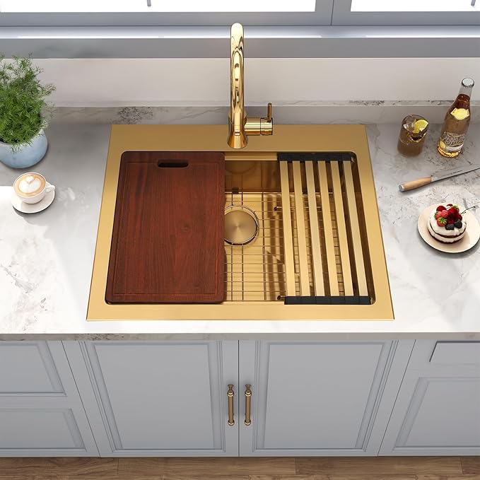 Gold Kitchen Sink 26" X 22",Drop In/Top Mount 16 Gauge Stainless Steel Workstation Sink,Deep & Large Single Bowl Kitchen Sinks (Gold, 26" X 22")