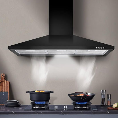 SNDOAS Range Hood 36 inch,Black Vent Hood with 450CFM & 3-Speed, Ducted/Ductless Convertible,Mesh Filters & Push Button Control for Stove Hood,Chimney-style Black Range Hood Wall Mount