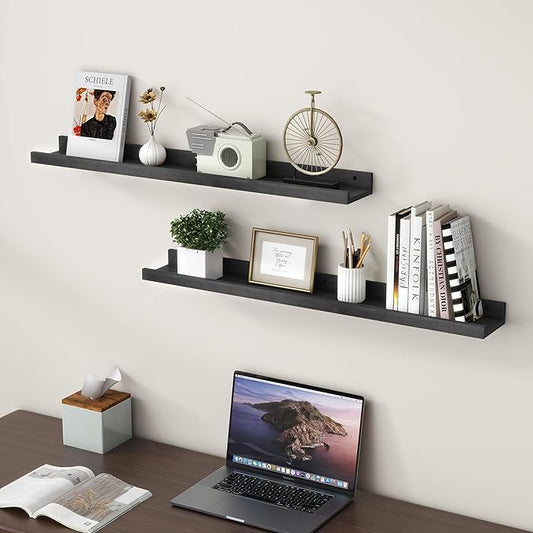 FLYJOE Picture Ledge Shelf Wall, 36 inch Solid Ash Wood Nursery Book Shelves 2 Packs, Floating Ledge Shelves for Kids' Room Bedroom Bathroom Living Room Photo Frames Office Nursey Wall Decor, Black