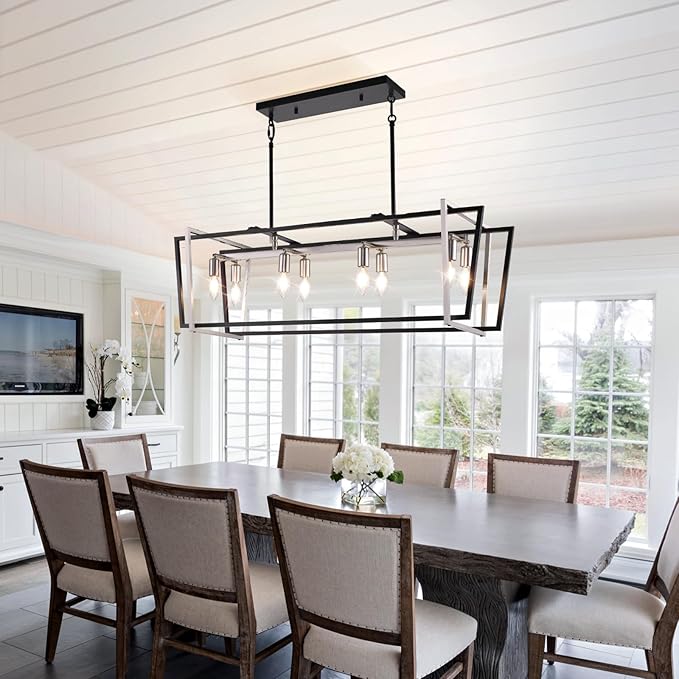 WJShome Dining Room Light Fixture/Chandelier Over Table, 8-Light Kitchen Island Lighting, 36" Hanging for Farmhouse Linear Chandeliers Modern Black and Brushed Nickel Ceiling Pendant Light Fixtures