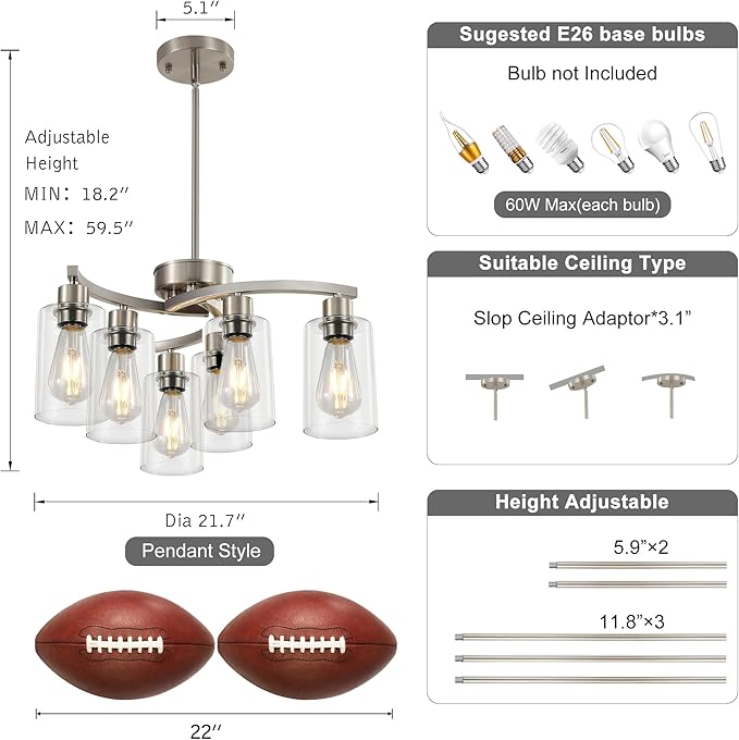 Sigaitwei 6 Light Farmhouse Brushed Nickel Chandelier,21.7" Modern Chandeliers for Dining Room Light Fixtures Over Table,Pendant Lights Kitchen Island,Metal Bracket with Downward Clear Glass Shade
