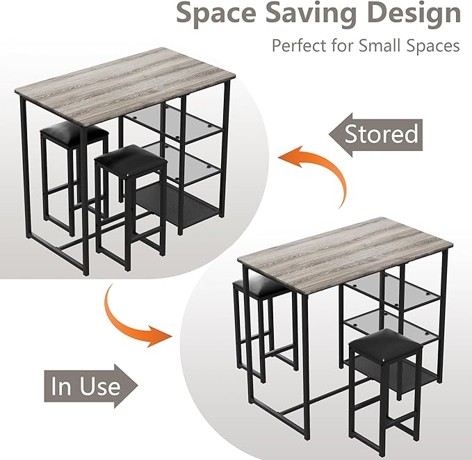 VECELO Dining Table Set for 2 with 3 Storage Shelves,Counter Height Kitchen Table and Chairs with Pu Cushion Chairs & Wood Top for Small Space,Dining Room,Apartment，Light Gray
