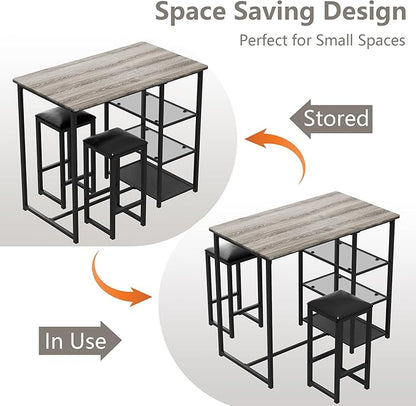 VECELO Dining Table Set for 2 with 3 Storage Shelves,Counter Height Kitchen Table and Chairs with Pu Cushion Chairs & Wood Top for Small Space,Dining Room,Apartment，Light Gray