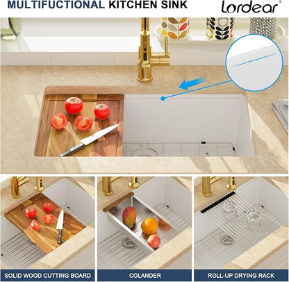 Lordear 32 Inch White Granite Composite Kitchen Sink 32x19 Inch Workstation Quartz Undermount Kitchen Sinks Under Counter Single Bowl