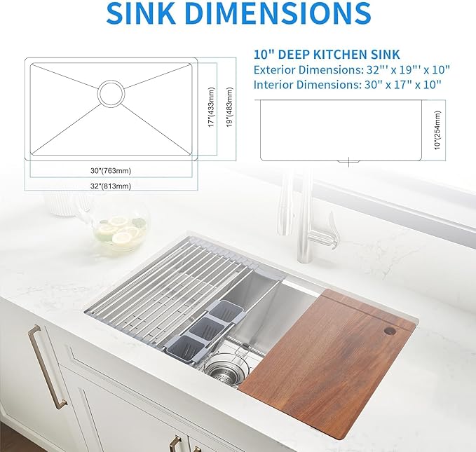 SANYCASA 32" x 19" Multifunctional Undermount Workstation Kitchen Sink S304 Stainless Steel Handmade Modern Single Bowl Kitchen Sink with Accessories and Integrated