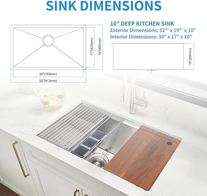 SANYCASA 32" x 19" Multifunctional Undermount Workstation Kitchen Sink S304 Stainless Steel Handmade Modern Single Bowl Kitchen Sink with Accessories and Integrated