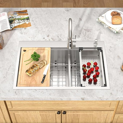 33 Inch Drop-In Double Bowl Kitchen Sink, 16 Gauge 304 Stainless Steel 60/40 Low Divide Workstation All-In One Large Sink with Accessories, Brushed Nickel #TLDB-502