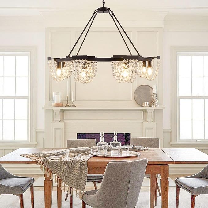 36" Black Chandelier, 6-Light Crystal Chandeliers for Dining Room, Dining Room Light Fixtures Over Table, Farmhouse Kitchen Island Lighting, Modern Pendant Lights for Living Room, Bedroom, Entryway