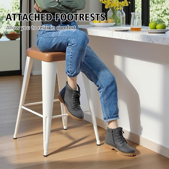 Backless Bar Stools Set of 4, Upholstered Faux Leather Counter Height Stools with Sturdy Metal Legs, 26 Inch Barstools for Kitchen Island (Brown)
