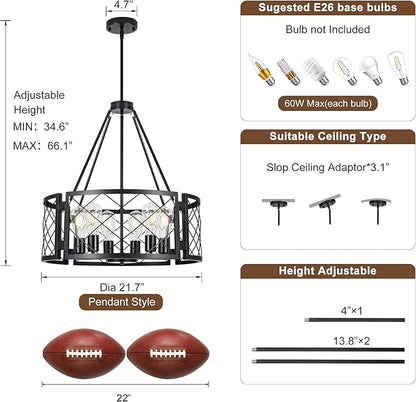 Sigaitwei 6-Light Farmhouse Chandelier Rustic Black Chandelier for Dining Room,Adjustable Pendant Light,Drum Chandelier for Kitchen Island Entryway Bedroom Hallway,21.7'',E26.