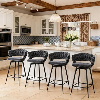 4 Set Swivel Bar Stools with Breathable Linen Cotton Seats 360° Rotating Counter Height Stools, Heavy Duty Iron Frame, 300lb Capacity for Kitchen Island, Dining Pub Blackish Gray