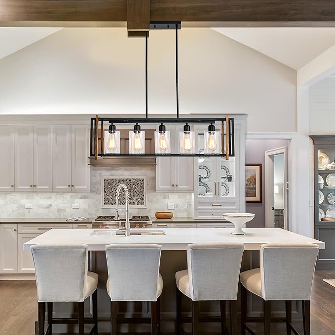 Dining Room Light Fixture, 5-Light Black Chandeliers for Dining Room, Farmhouse Kitchen Island Lighting, Pendant Lights Kitchen Island, Dining Room Chandelier Over Table, with Glass Shade, E26 Socket