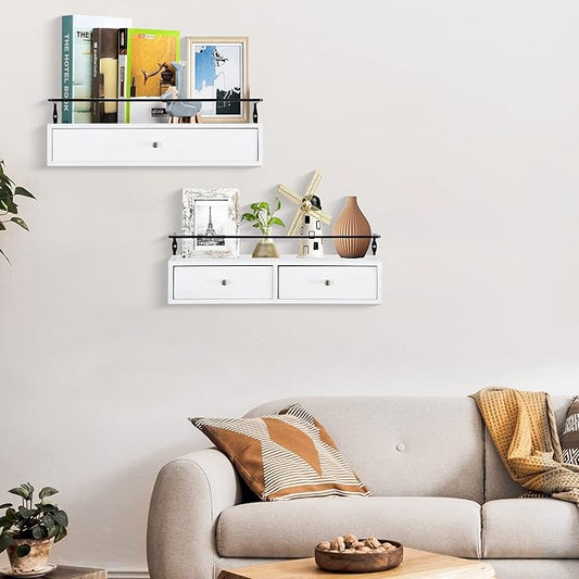 DreamPossible Floating Shelves for Wall Storage - Wall Mounted Bathroom Shelf Set of 2 with Drawers, Rustic Wood Shelves for Bedroom, Living Room, Kitchen, Home Decor, Plants, Books