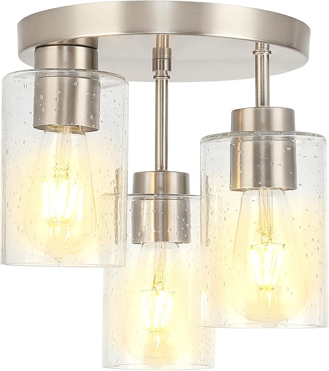 Semi Flush Mount Ceiling Light Fixture Brushed Nickel Flush Mount Ceiling Light with Seeded Glass Shades, 3-Light Modern Ceiling Light for Kitchen Hallway Entryway Island Bedroom