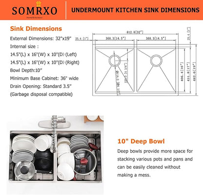 32 Inch Double Bowl Kitchen Sink Undermount - 32x19 Undermount Workstation Sink 16 Gauge Stainless Steel 10 Inch Deep Double Bowl Kitchen Sinks