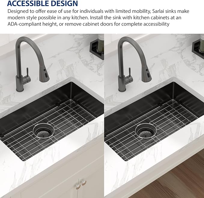 Sarlai ADA Black Kitchen Sink - 27 Inch Undermount Kitchen Sink Gunmetal Black 6-Inch Low Depth ADA Compliant Single Bowl 16 Gauge Stainless Steel 27x16 Inch Under Mount Handmade Sinks Basin