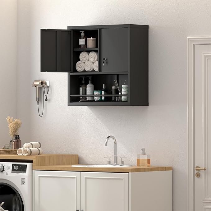 Metal Garage Cabinets, Lockable Storage Cabinet, Metal Cabinet with Open Storage, Upper Tool Cabinet for Basement, Wall Mounted Cabinets for Shop