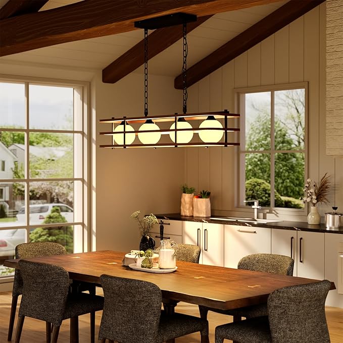 35.4" Farmhouse Dining Room Light Fixture, 4-Light Kitchen Island Lighting, Rustic Rectangular Chandeliers for Kitchen Island, Wood Linear Pendant Light Over Table