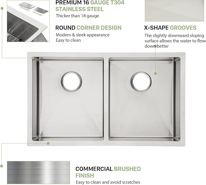 33 Undermount Double Bowl Kitchen Sink - Beslend 33x19x10 Inch Double Sink Stainless Steel Undermount Sinks 16 Gauge 50/50 Double Bowl Sinks