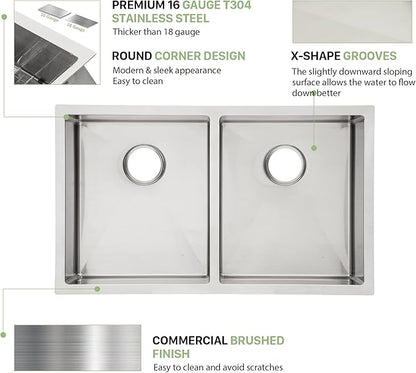 33 Undermount Double Bowl Kitchen Sink - Beslend 33x19x10 Inch Double Sink Stainless Steel Undermount Sinks 16 Gauge 50/50 Double Bowl Sinks