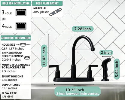 Modern 2 Handle Kitchen Sink Faucet with Side Sprayer, High Arc 360 Swivel Stainless Steel 3 or 4 Hole Kitchen Faucet for Rv Camper Laundry Utility Bar Sinks, Matte Black
