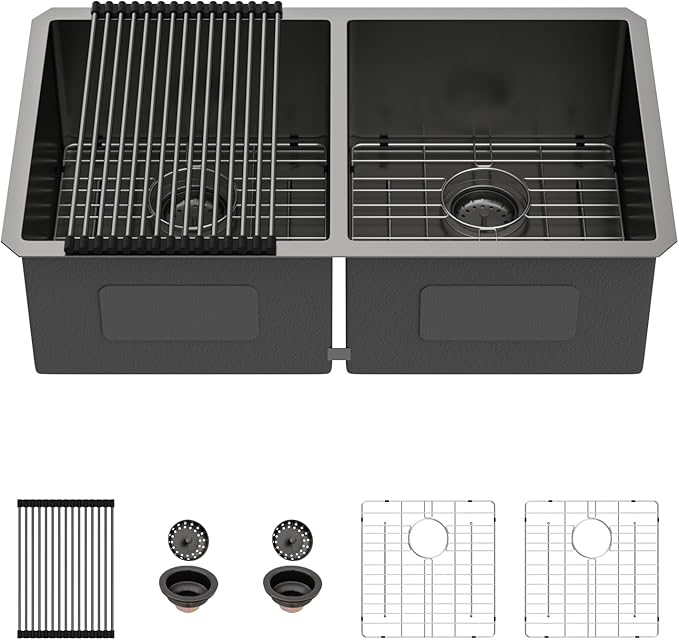 33 Inch Gunmetal Black Undermount Double Bowl Kitchen Sink 16 Gague Stainless Steel Double Handmade Sinks 50/50 Large Deep Double Bowl Sinks 33"x19"x10"
