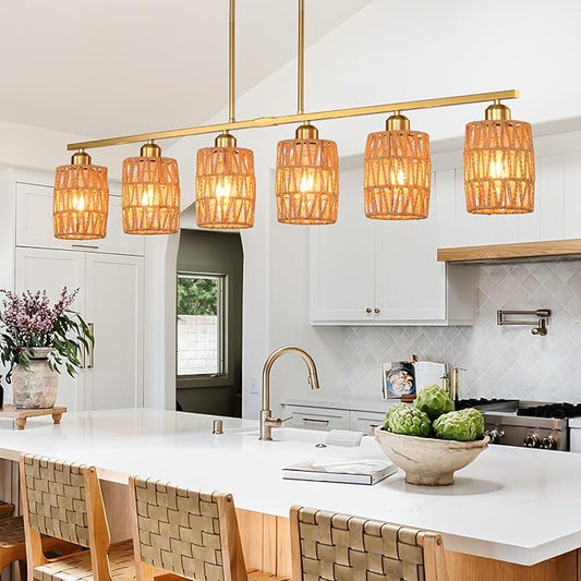 Rattan pendant lights for kitchen island,6-Light Boho Coastal Chandelier Gold,Bohemian Rustic Pendant Light Fixture for Dining Room,Height Adjustable,Farmhouse Woven Hanging Lights Over Table.