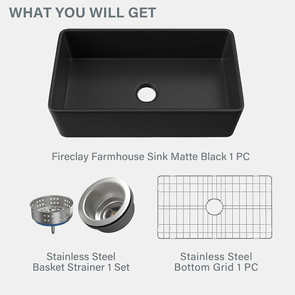 Black Farmhouse Sink 33 x 18 Inch, Single Bowl Firecaly Apron Front Undermount Farm Sink, with Accessories 2 Types, Matte Black, for Kitchen