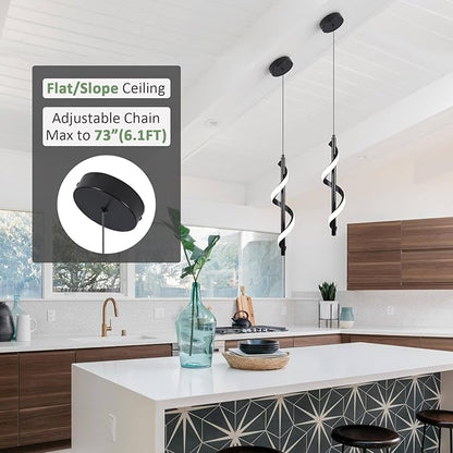 CANEOE 3 Packs Modern Spiral Led Pendant Light Fixture, Cold White 5500K Kitchen Island Pendant Lamp, Adjustable Hanging Light Fixture for Bedroom Living Room Kitchen Sink