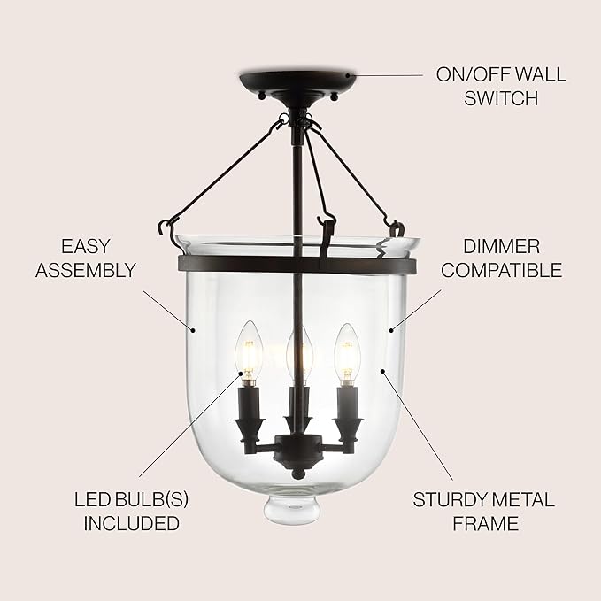 JONATHAN Y 14.5" Oil Rubbed Bronze 3-Light Iron and Glass Semi-Flush Mount, Transitional French Country Farmhouse Ceiling Light for Entryway Bedroom, LED Bulbs Included JYL9039A