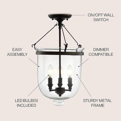 JONATHAN Y 14.5" Oil Rubbed Bronze 3-Light Iron and Glass Semi-Flush Mount, Transitional French Country Farmhouse Ceiling Light for Entryway Bedroom, LED Bulbs Included JYL9039A