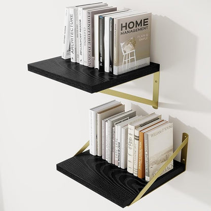 Deep Wall Shelves 12"W x 12"D Engineered Wood Floating Shelves for Wall, Sturdy Metal Bracket(Gold) Bookshelves Home Decor Storage for Living Room Bedroom Bathroom Kitchen, Set of 2, Black Finish