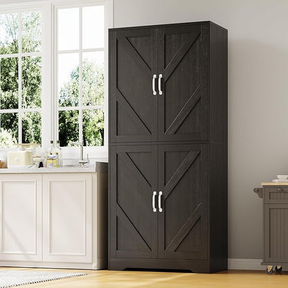 IDEALHOUSE 70" Kitchen Pantry Storage Cabinet, Farmhouse Kitchen Cabinet with 4 Doors & 3 Adjustable Shelves, Freestanding Cupboard for Dining Room,Living Room,Black