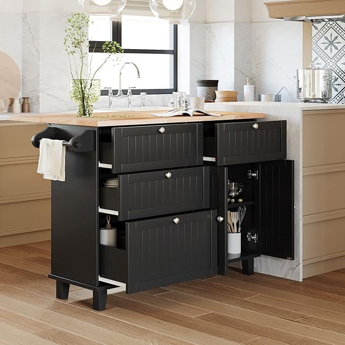 Kitchen Island Set with Drop Leaf and 2 Seatings, Dining Table Set with Storage Cabinet, Drawers and Towel Rack, Suitable for Kitchens, Dining Rooms (Black+Rustic Brown@d)