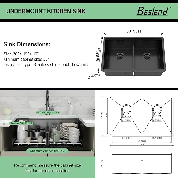 30 Black Undermount Kitchen Sink - 30x19 Gunmetal Black Double Bowl Kitchen Sinks Workstation 16 Gauge Stainless Steel Sink Low Divide Double Basin 50/50