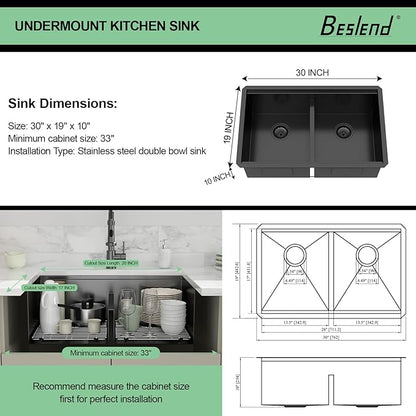 30 Black Undermount Kitchen Sink - 30x19 Gunmetal Black Double Bowl Kitchen Sinks Workstation 16 Gauge Stainless Steel Sink Low Divide Double Basin 50/50