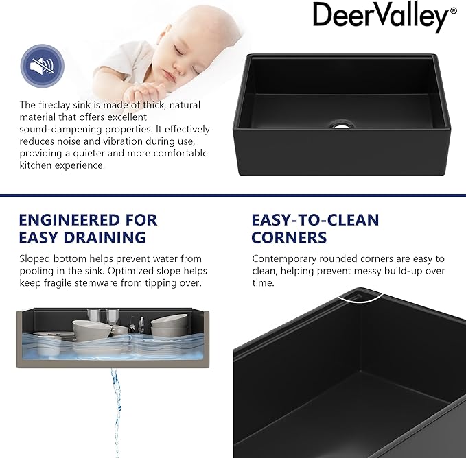 DeerValley Black Farmhouse Sink 33 Inch Fireclay Farmhouse Kitchen Sink Undermount Workstation Single Bowl Kitchen with Ledge and Workstation Accessories