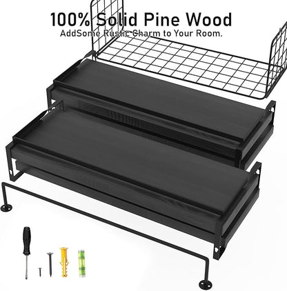 Black Wood Floating Shelves Wall Mounted - 3+1 Tier Rustic Bathroom Wall Shelves Over Toilet with Wire Storage Basket and Towel Bar, set of 4 Farmhouse Floating Shelf for Bathroom, Kitchen, Bedroom.