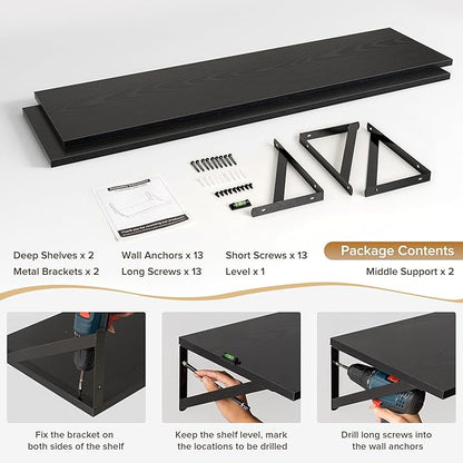 Acovy Deep Floating Shelves Wall Mounted, 48"x12" Black Wall Shelves with Brackets Set of 2 for Bedroom, Living Room, Bathroom, Kitchen, Office - Storage & Display Shelf for Decor, Books, Plants