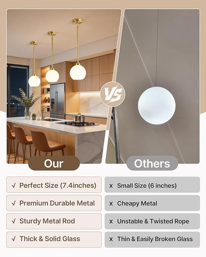Majade Globe Pendant Lights Kitchen Island Pendant Light Fixtures 7.4 Inch Gold Mid Century Modern Globe Pendant Lighting with Milk Glass Adjustable Hanging Light Fixtures for Dining Room(2 Pack)