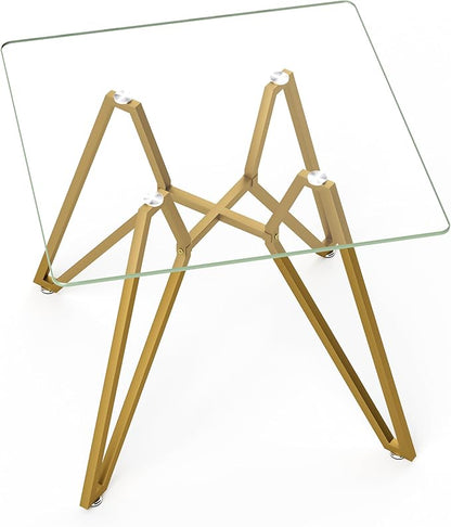 SSLine 35.4" Square Glass Dining Table for 2-4 Modern Clear Glass Tabletop Kitchen Table for 4 Luxury Dinner Tables with Gold Nest Metal Base for Home Kitchen Dining Room(Table Only)