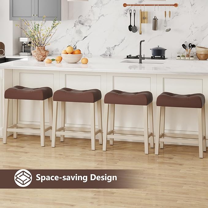 Giantex 24" Bar Stools Set of 4, Upholstered Counter Height Saddle Bar Stools with Footrest and Wood Legs, Farmhouse Faux Leather Backless Barstools for Kitchen Island, Dining Room, Cafe, Brown+Beige