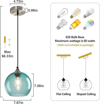 Light Blue Glass Pendant Lights Kitchen Island Lighting Globe Pendant Light Fixtures Modern Pendant Lighting for Bedroom Living Dining Room Light Fixture (7.87 in, 3 Pack)