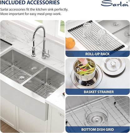 Sarlai 33 Farmhouse Sink Double Bowl- 33x21 Inch Apron Front Kitchen Sink Double Bowl 60/40 Stainless Steel 16 Gauge Round Corner Farm Farmer Kitchen Sinks