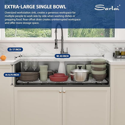 Sarlai 45 Black Undermount Kitchen Sink Workstation NANO-PVD Kitchen Sink with Ledge Round Corner 16 Gauge Stainless Steel Gunmetal Black Single Bowl Sinks Basin 45"x19"x10"