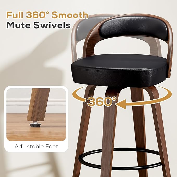 GOWE Swivel Bar Stools Set of 2, 26.8" Counter Height Bar Stools for Kitchen Island, Black Barstools Upholstered Faux Leather & Solid Wood Legs, VF
