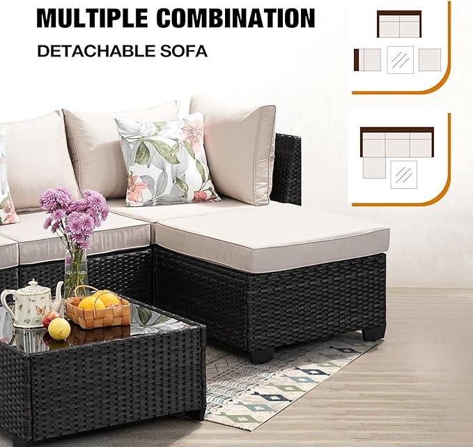 JOYURE 5 Pieces Patio Furniture Set All-Weather Outdoor Wicker Sectional Conversation Sofa Rattan Patio Seating Sofa with Cushion and Glass Table and Ottoman for Porch,Beige
