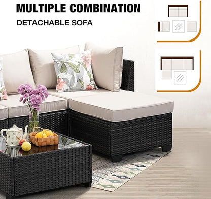 JOYURE 5 Pieces Patio Furniture Set All-Weather Outdoor Wicker Sectional Conversation Sofa Rattan Patio Seating Sofa with Cushion and Glass Table and Ottoman for Porch,Beige