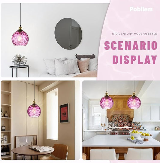 Modern Hammered Pendant Light Purple Glass Hanging Pendant Light 7.8" Globe Pendant Light Fixture Black Farmhouse Kitchen Lighting Over Island Sink Dining Room Table